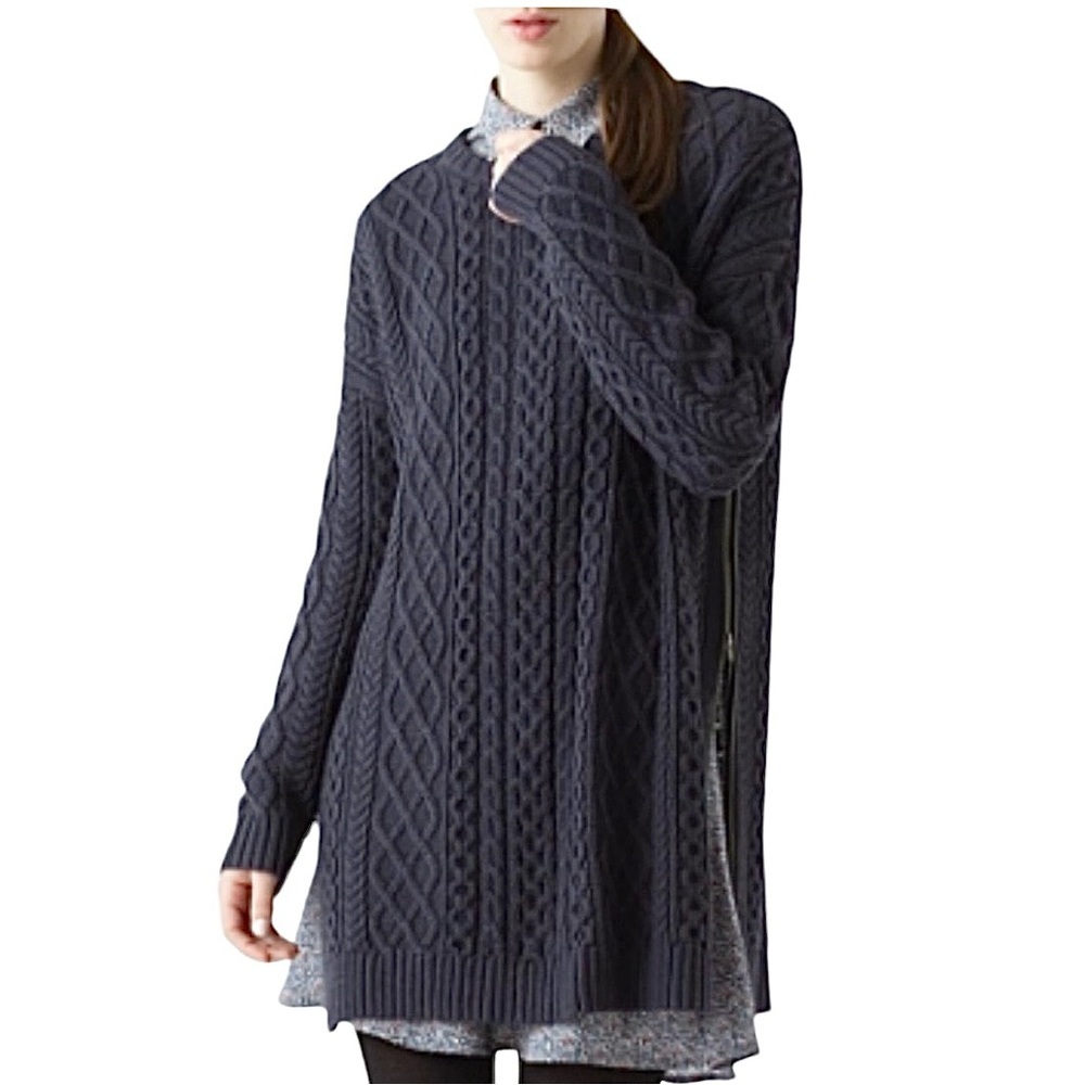 Margaret O’Leary Sweater Size Medium Side Zippers Navy Blue Cable Knit Cotton